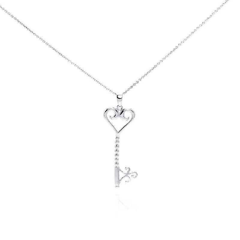 Silver 925 Rhodium Plated Clear CZ Key Heart Pendant Necklace - STP00996