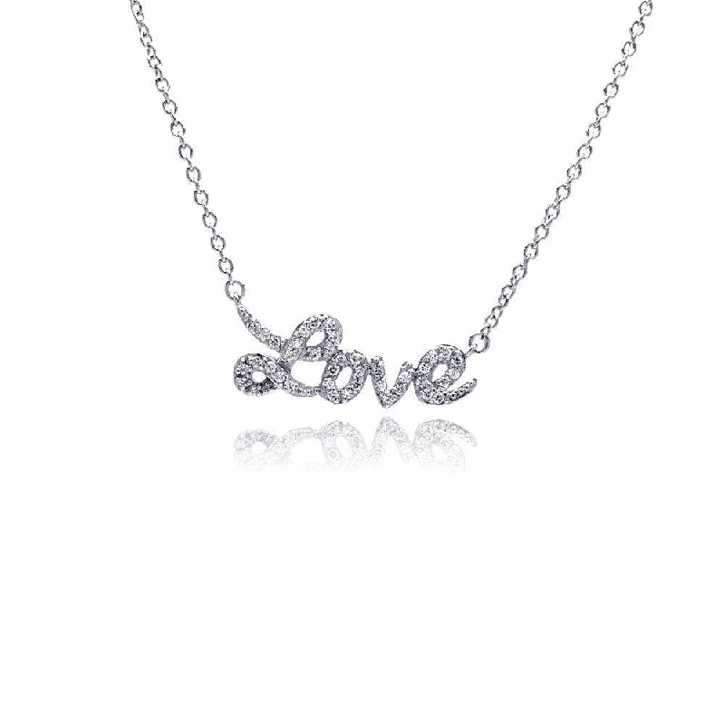 Silver 925 Rhodium Plated Clear CZ Love Pendant Necklace - STP00854