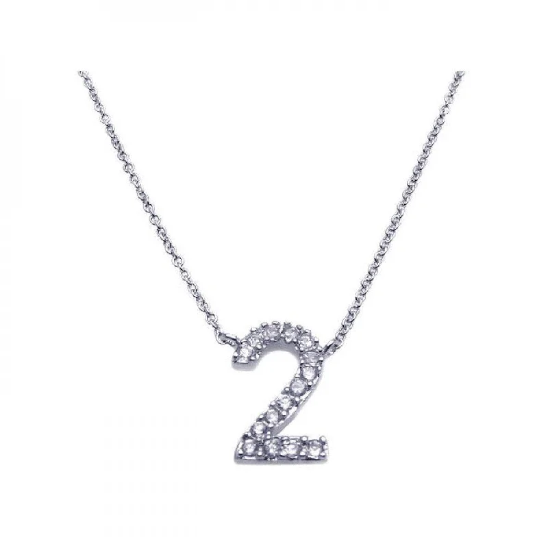 Silver 925 Rhodium Plated Clear CZ Number 2 Pendant Necklace - STP00830