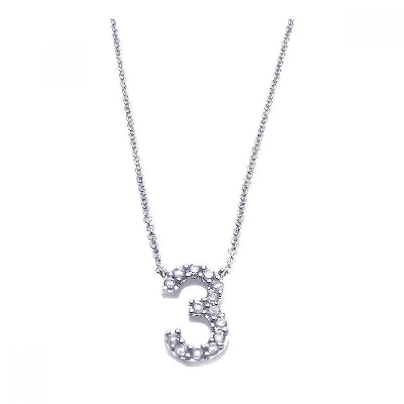 Silver 925 Rhodium Plated Clear CZ Number 3 Pendant Necklace - STP00790