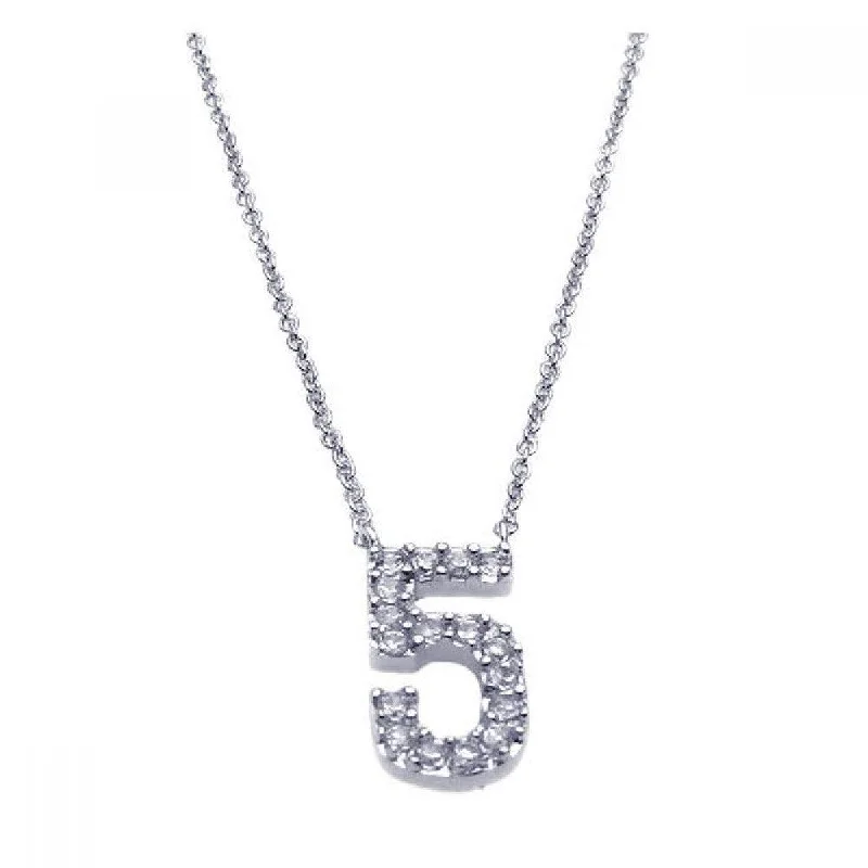 Silver 925 Rhodium Plated Clear CZ Number 5 Pendant Necklace - STP00832