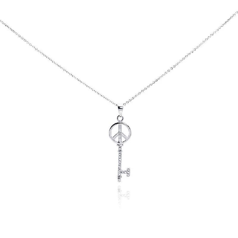 Silver 925 Rhodium Plated Clear CZ Peace Key Pendant Necklace - STP00991