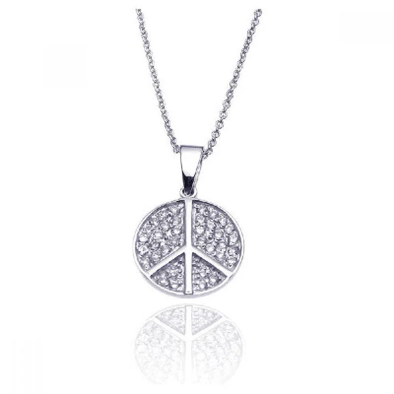 Silver 925 Rhodium Plated Clear CZ Peace Pendant Necklace - STP00901