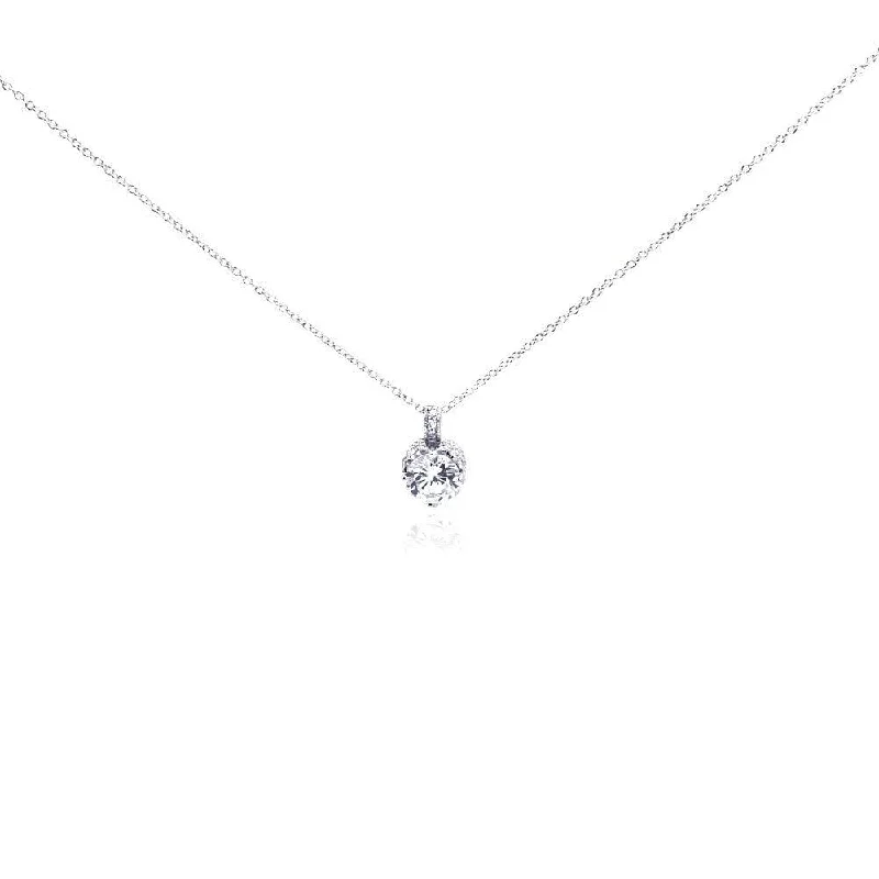 Silver 925 Rhodium Plated Clear CZ Solitaire Necklace - STP00853