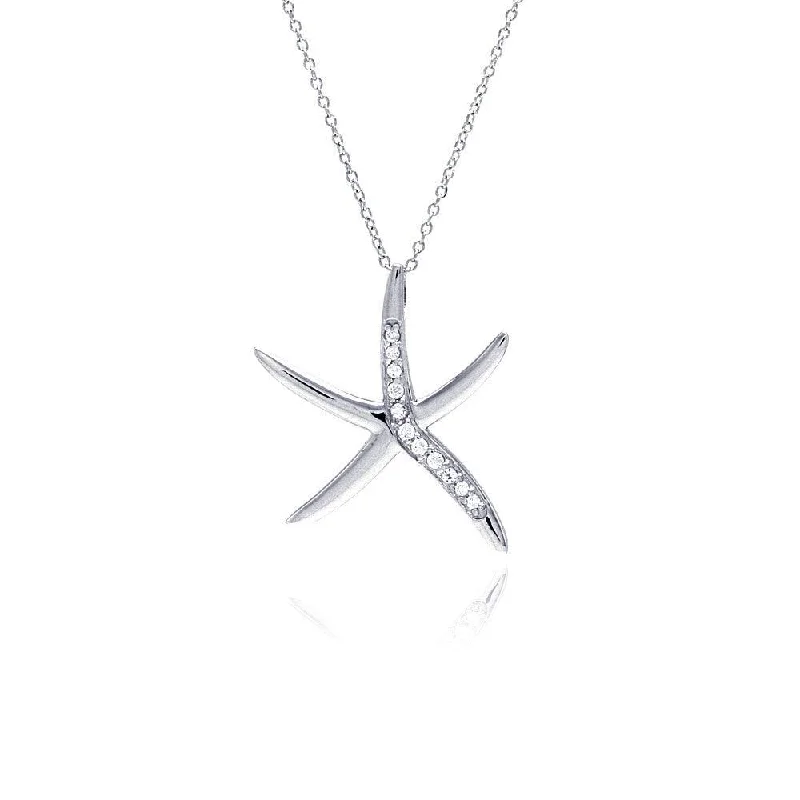 Silver 925 Rhodium Plated Clear CZ Starfish Pendant Necklace - STP00848