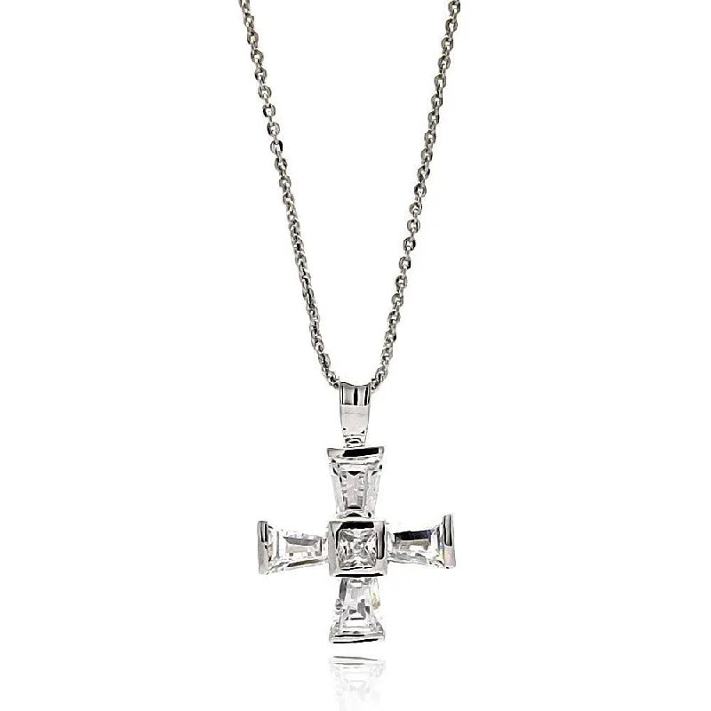 Silver 925 Rhodium Plated Cross Baguette CZ Necklace - BGP00572