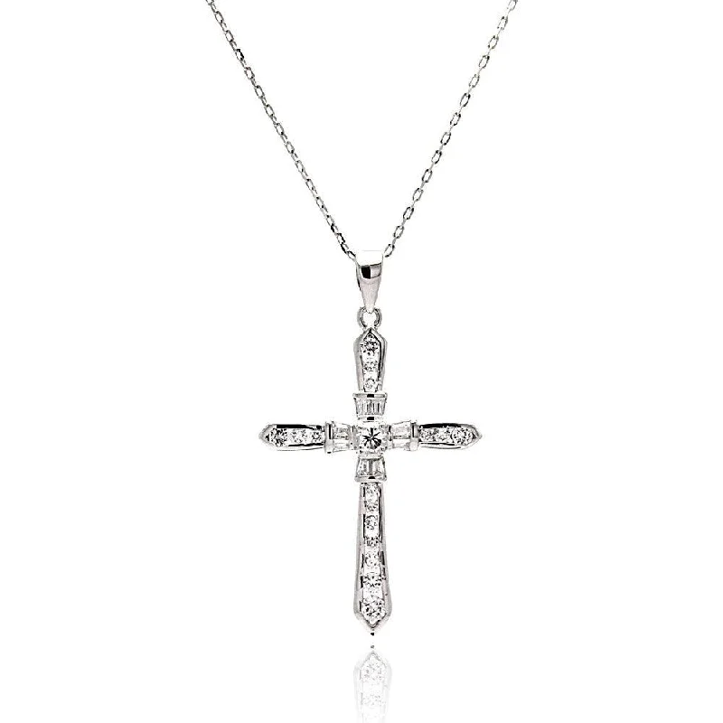 Silver 925 Rhodium Plated Cross CZ Necklace - BGP00511