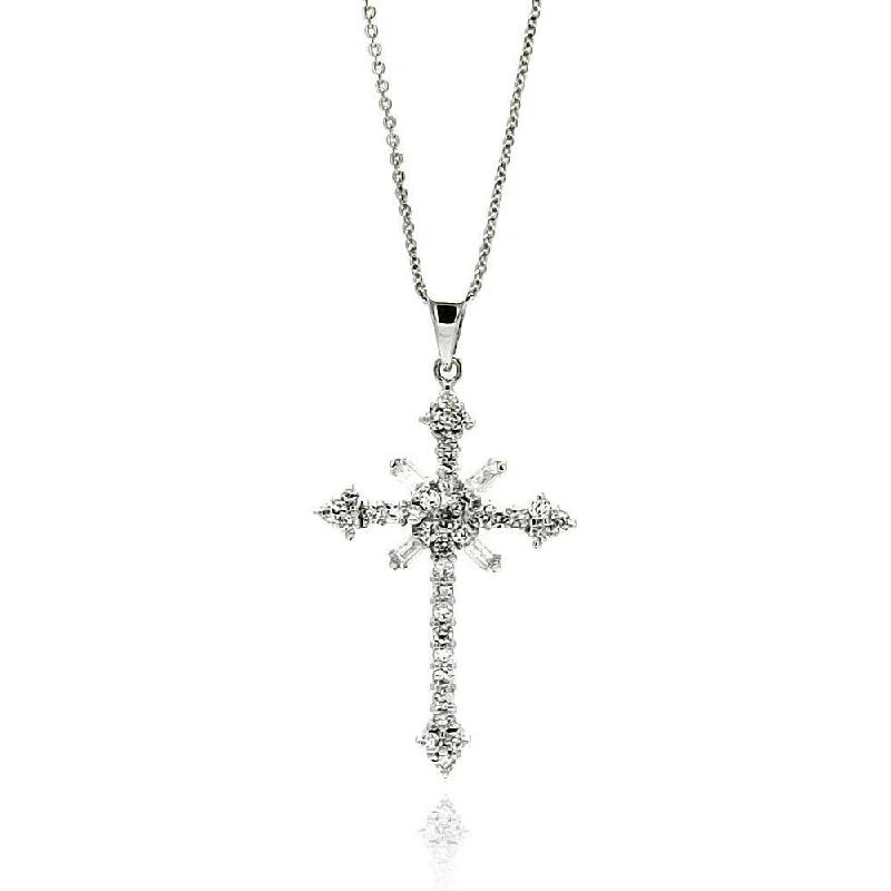 Silver 925 Rhodium Plated Cross CZ Necklace - BGP00604