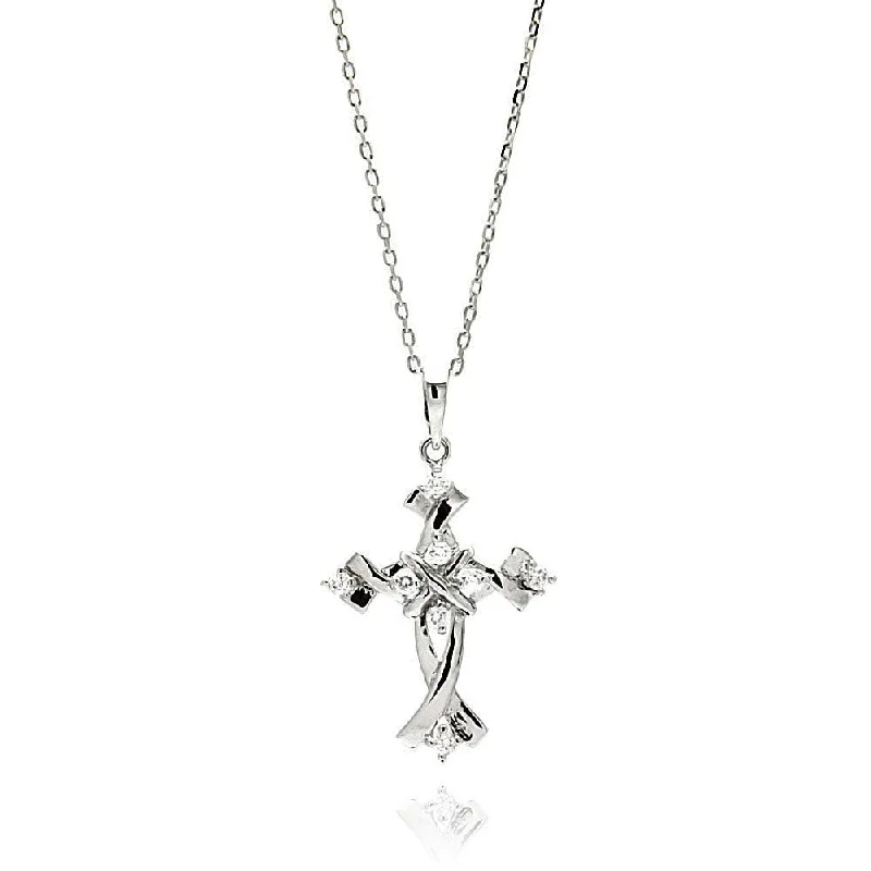 Silver 925 Rhodium Plated Cross CZ Necklace - BGP00615