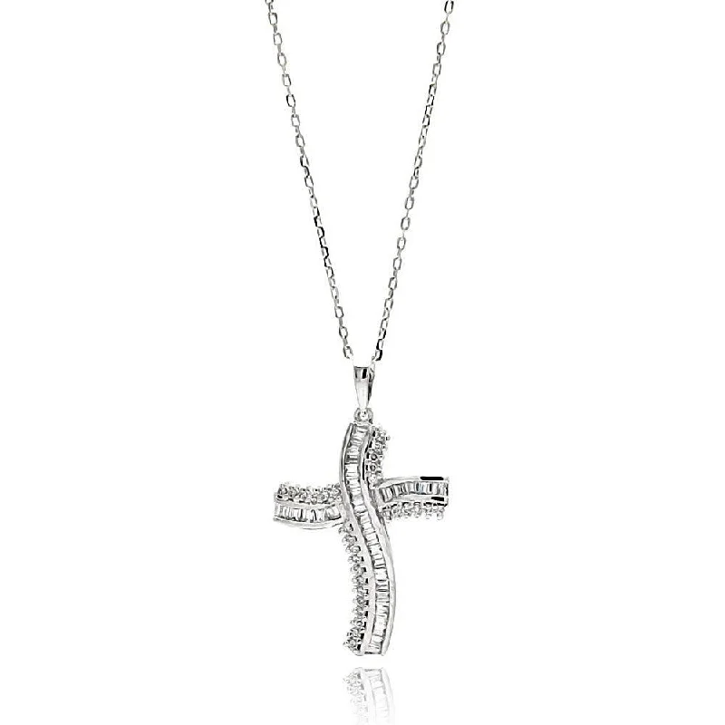 Silver 925 Rhodium Plated Curvy Cross CZ Necklace - BGP00613