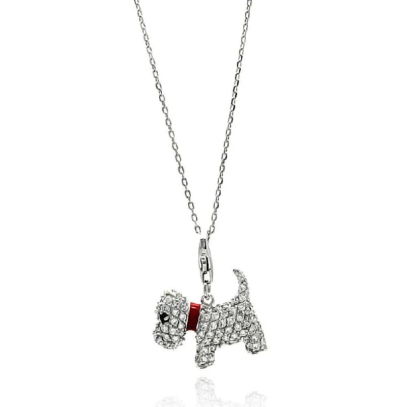 Silver 925 Rhodium Plated Dog CZ Red Enamel Leash Necklace - BGP00585