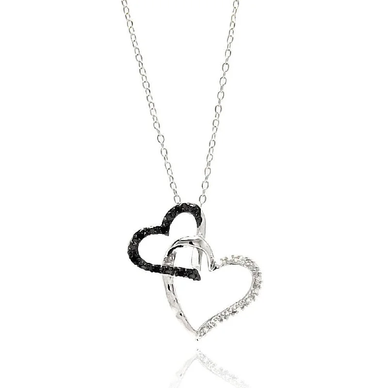 Silver 925 Rhodium Plated Double Open Heart Black and Clear CZ Necklace - BGP00681