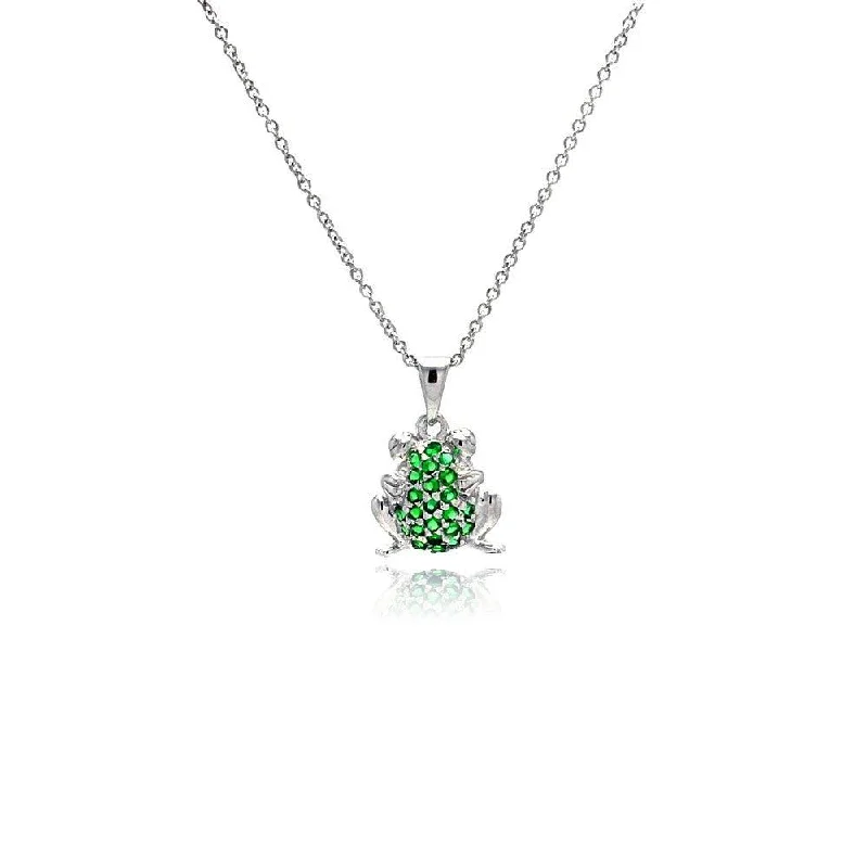 Silver 925 Rhodium Plated Green CZ Frog Pendant Necklace - STP00760