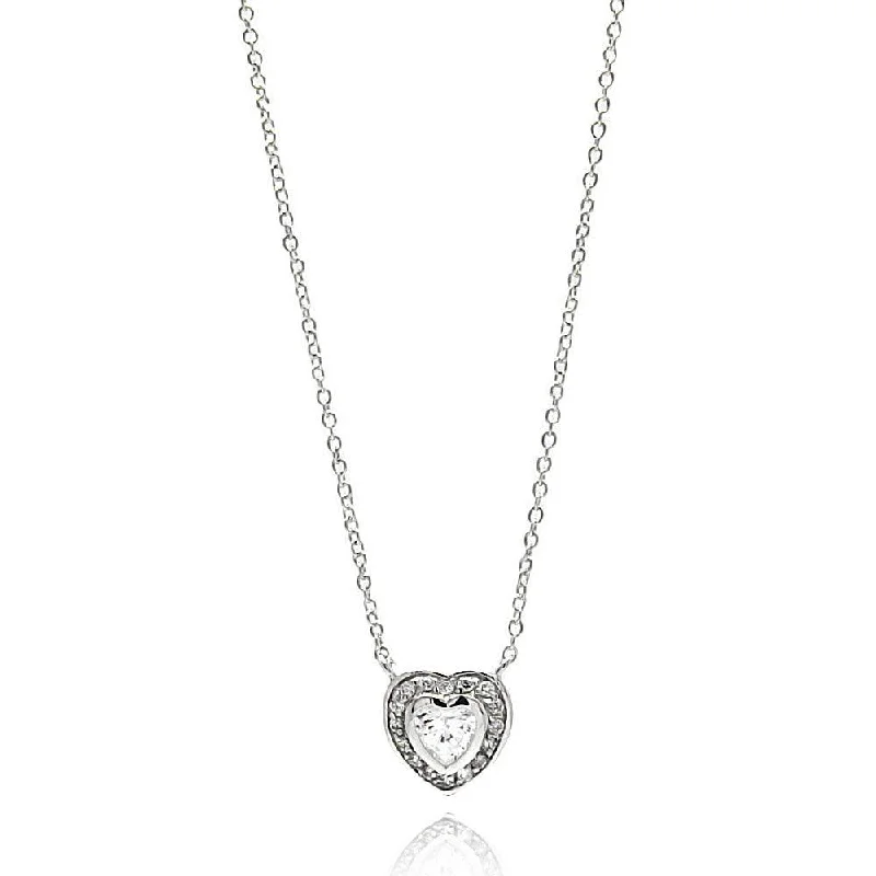 Silver 925 Rhodium Plated Heart CZ Necklace - BGP00629