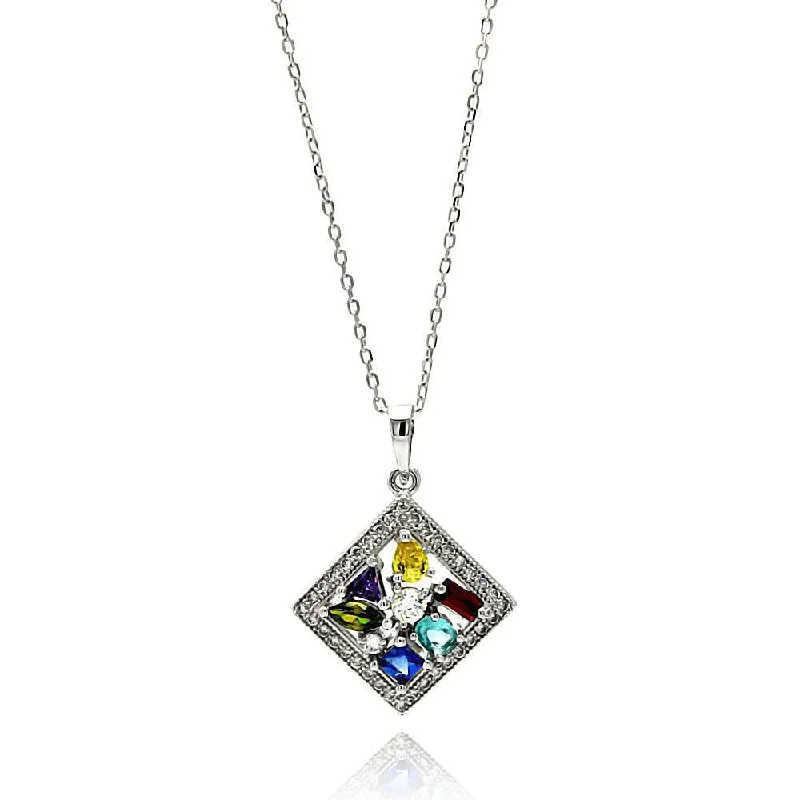 Silver 925 Rhodium Plated Multicolor Square CZ Necklace - BGP00619