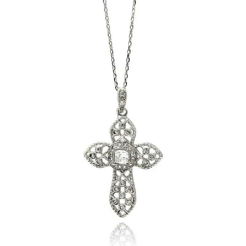 Silver 925 Rhodium Plated Net Cross CZ Necklace - BGP00431