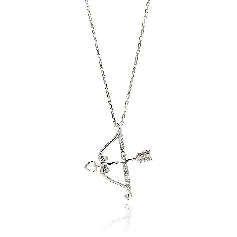 Silver 925 Rhodium Plated Open Bow and Arrow CZ Pendant Necklace - BGP00661