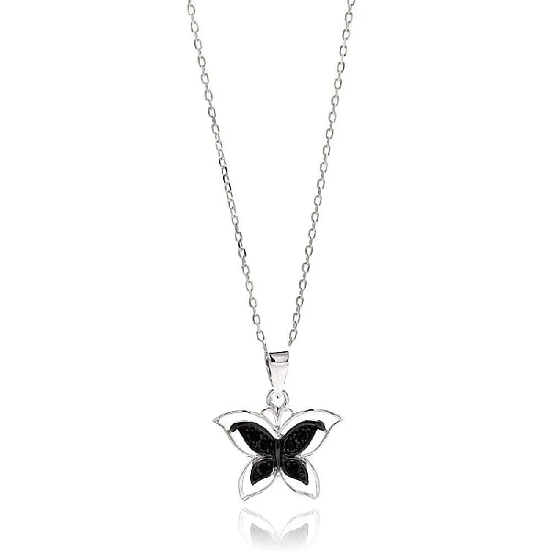 Silver 925 Rhodium Plated Open Butterfly Black and Clear CZ Necklace - BGP00627