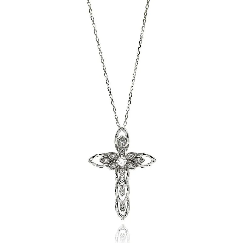 Silver 925 Rhodium Plated Open Cross CZ Necklace - BGP00617