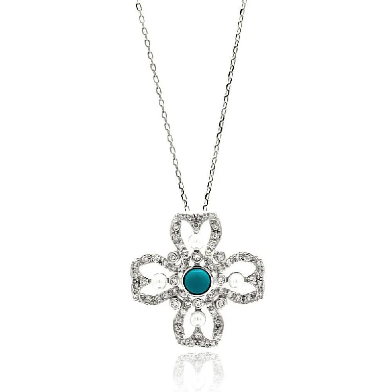 Silver 925 Rhodium Plated Open Flower Center Blue CZ Necklace - BGP00628