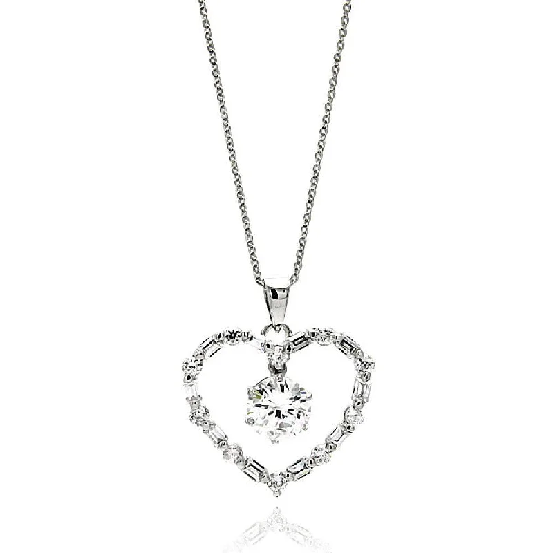 Silver 925 Rhodium Plated Open Heart Center CZ Necklace - BGP00608