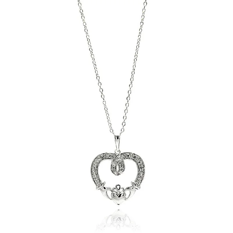 Silver 925 Rhodium Plated Open Heart CZ Outline Necklace - BGP00684