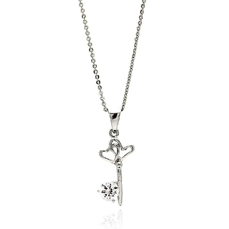 Silver 925 Rhodium Plated Open Heart Key CZ Necklace - BGP00612