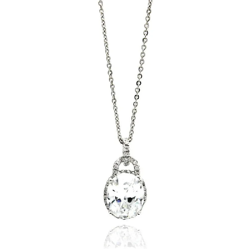 Silver 925 Rhodium Plated Oval CZ Necklace - BGP00536