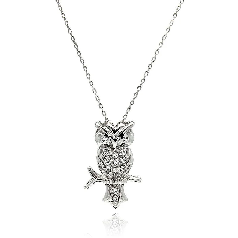 Silver 925 Rhodium Plated Owl CZ Necklace - BGP00512