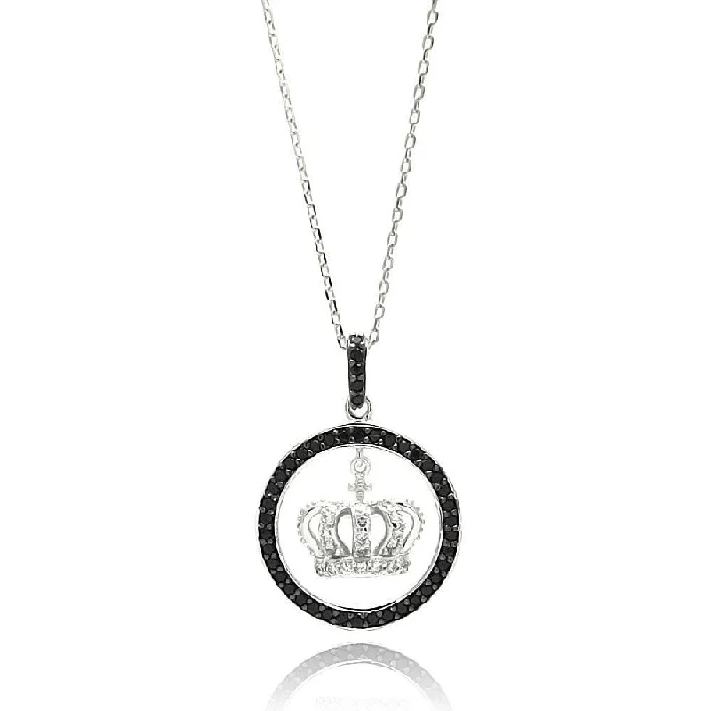 Silver 925 Rhodium Plated Round Open Disc Black Border CZ Center Crown Necklace - BGP00581