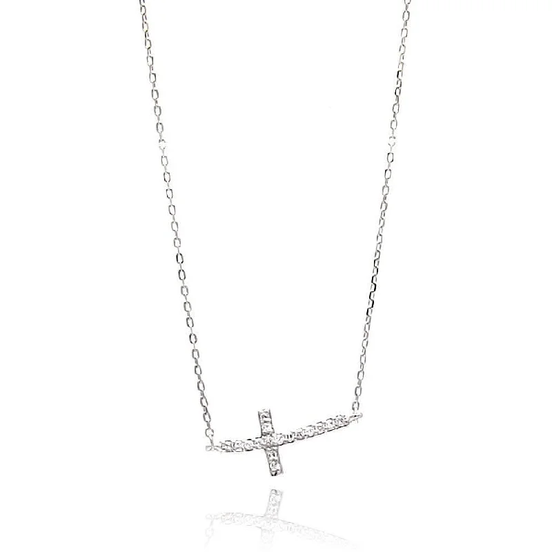 Silver 925 Rhodium Plated Sideways Cross CZ Necklace - BGP00646