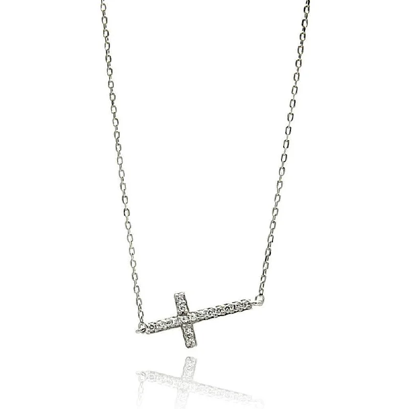 Silver 925 Rhodium Plated Sideways Cross CZ Necklace - BGP00671