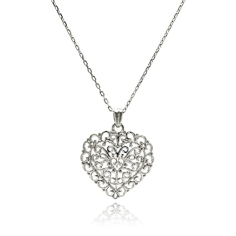 Silver 925 Rhodium Plated Wave Open Heart CZ Necklace - BGP00509