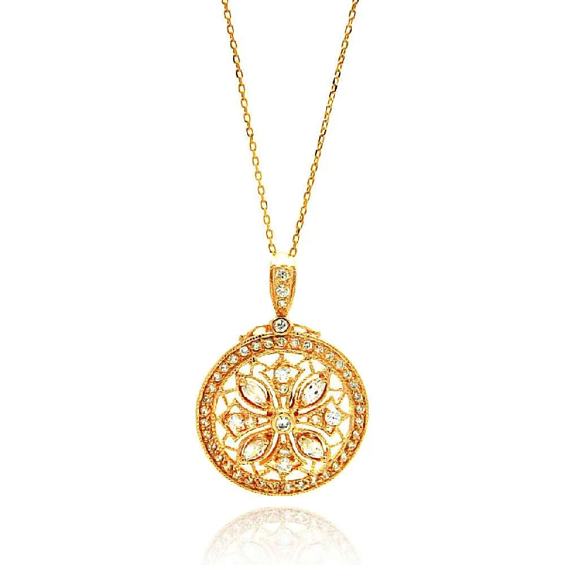 Silver 925 Rose Gold Plated Circle Flower Design CZ Inlay Dangling Necklace - BGP00651