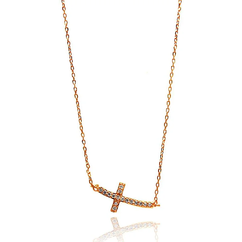 Silver 925 Rose Gold Plated Sideways Cross CZ Necklace - BGP00648