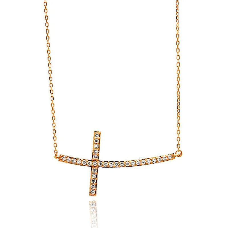 Silver 925 Rose Gold Plated Sideways CZ Inlay Necklace - BGP00669