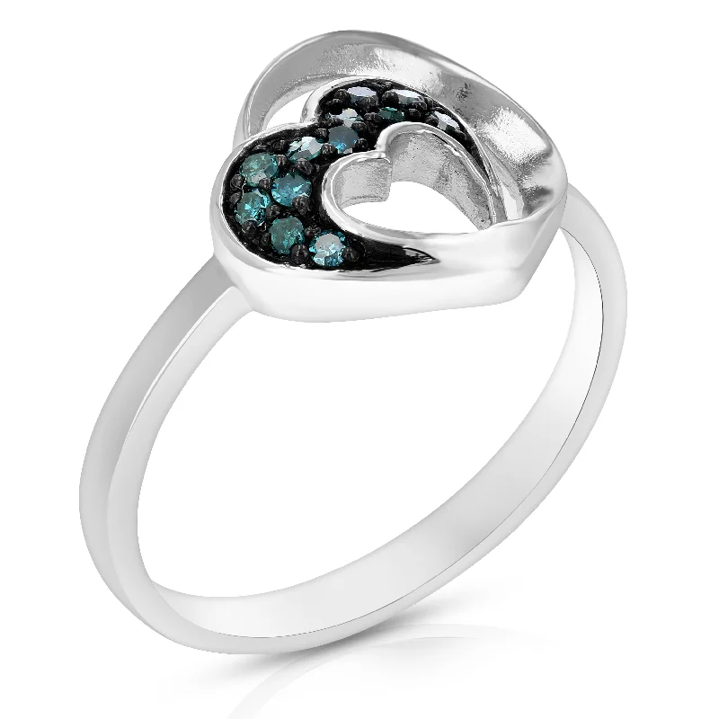 0.15 cttw Blue Diamond Heart Ring .925 Sterling Silver with Rhodium