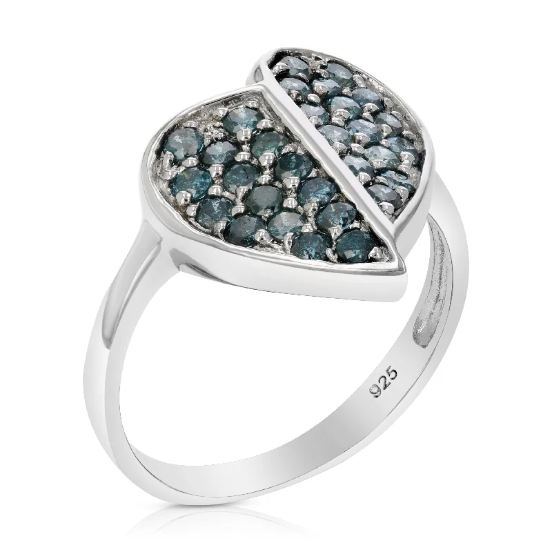 0.85 cttw Blue Diamond Heart Ring .925 Sterling Silver with Rhodium