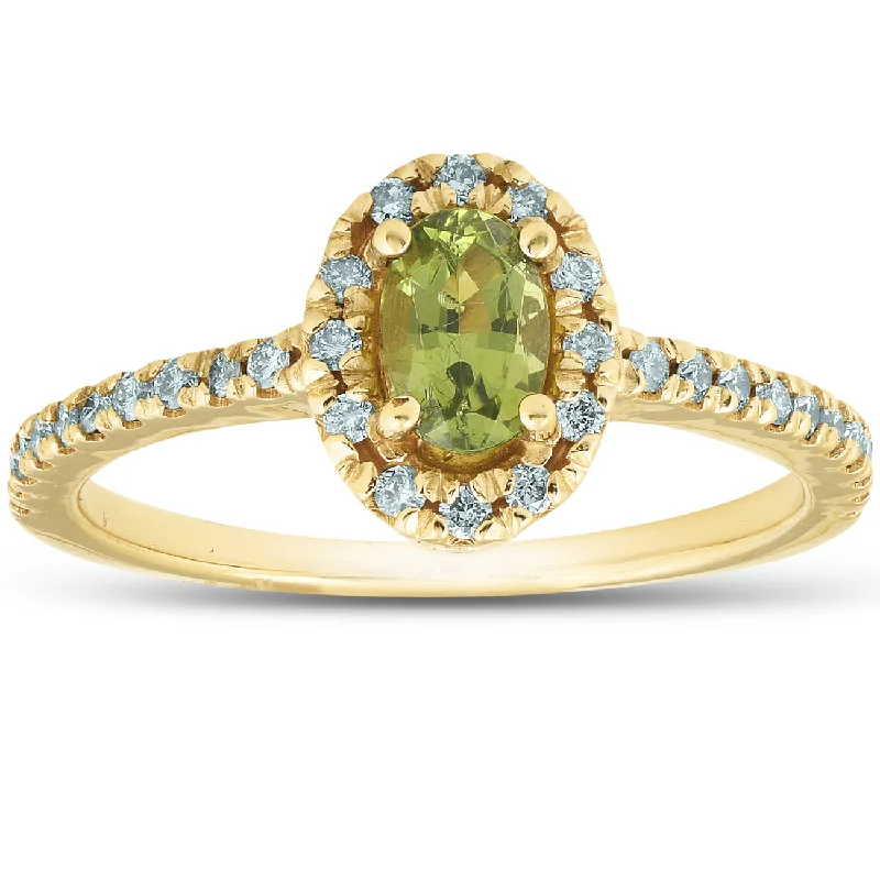 1/2 Ct TW Oval Peridot & Diamond Halo Ring 14k Yellow Gold