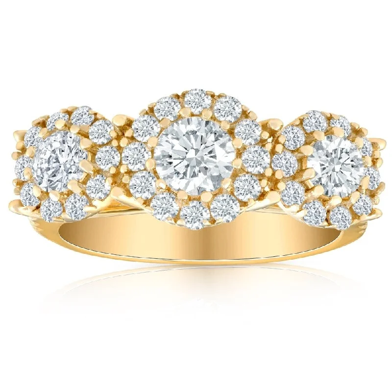 1 3/8 Ct Diamond Three Stone Halo Pave Engagement Ring Yellow Gold