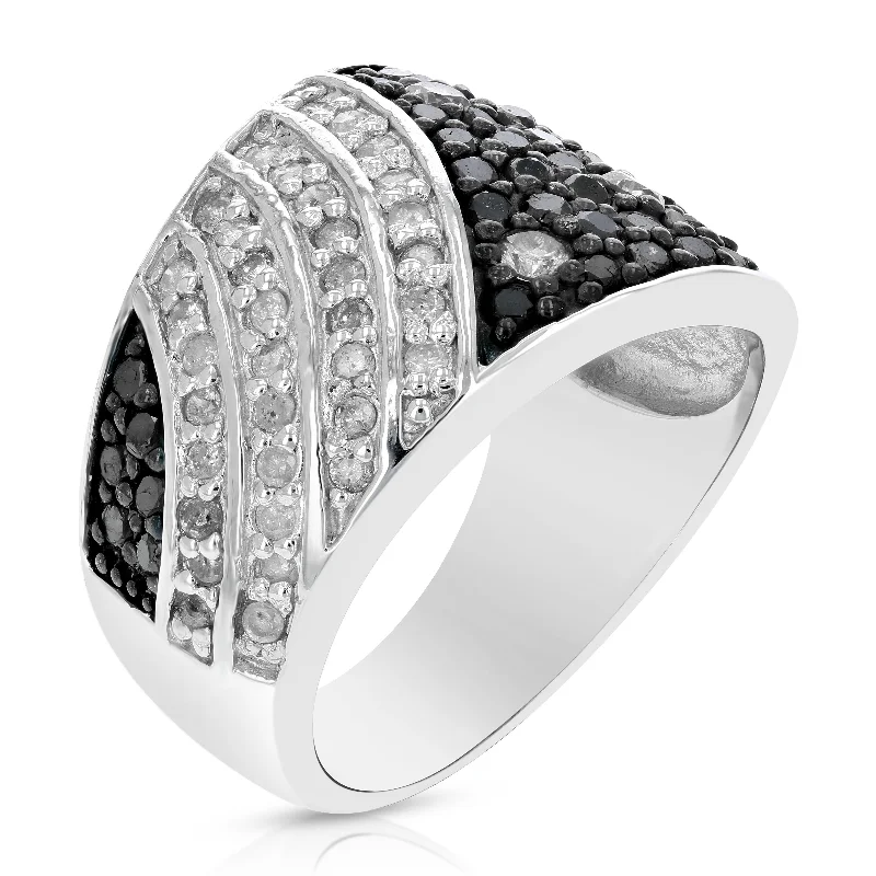 1.35 cttw Black and White Diamond Ring .925 Sterling Silver with Rhodium