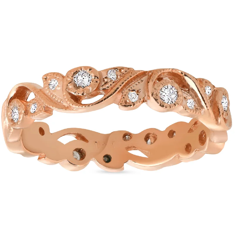 1/4ct Diamond Eternity Ring 14k Rose Gold Scroll Vintage Leaf