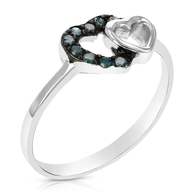 1/8 cttw Blue Diamond Heart Ring .925 Sterling Silver with Rhodium