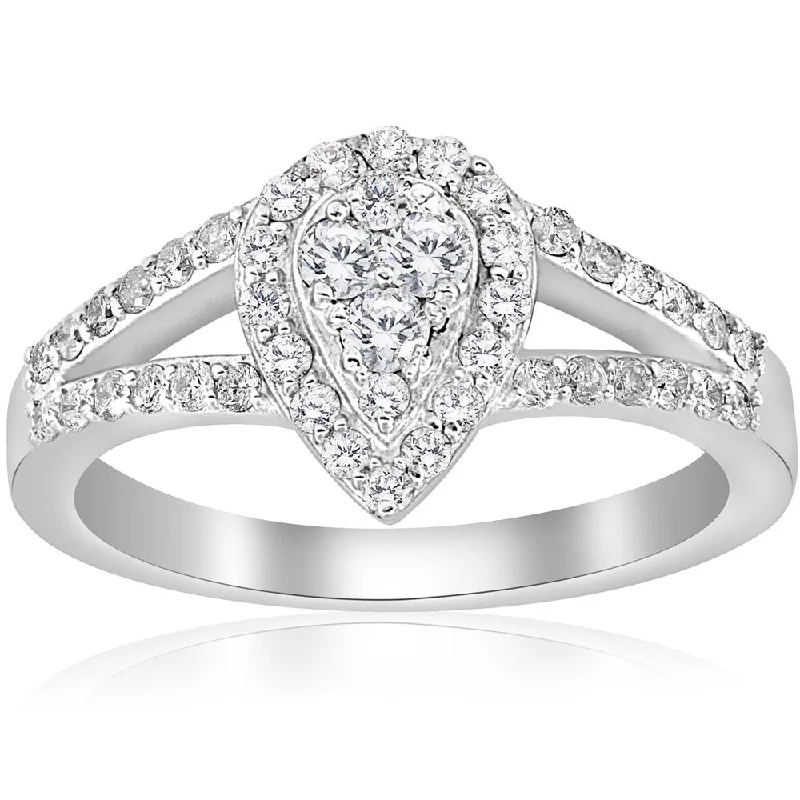 10K White Gold 1/2 ct Dimond Pear Shape Framed Halo Split Shank Engagement Ring (I-J,I2-I3)