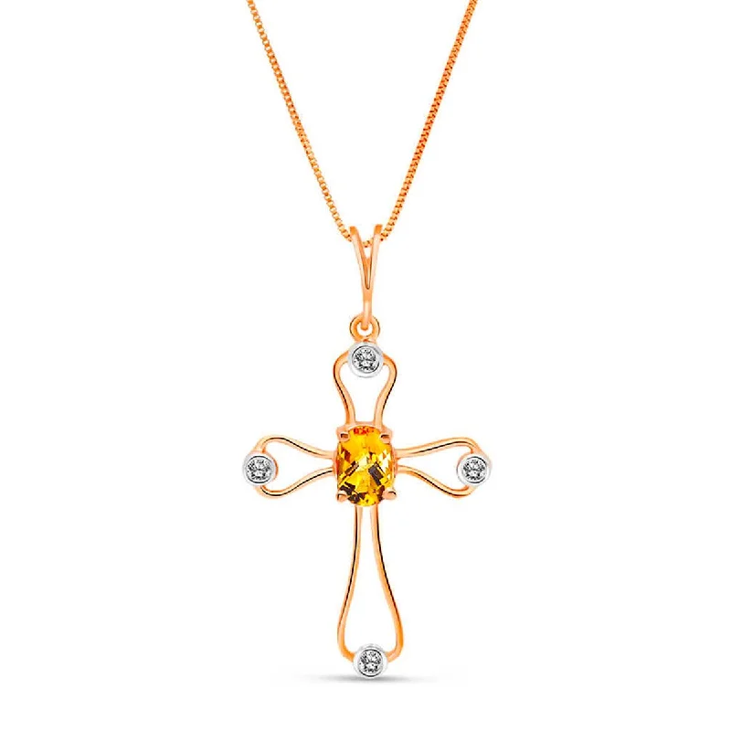 14K Solid Rose Gold Cross Necklace w/ Natural Diamonds & Citrine