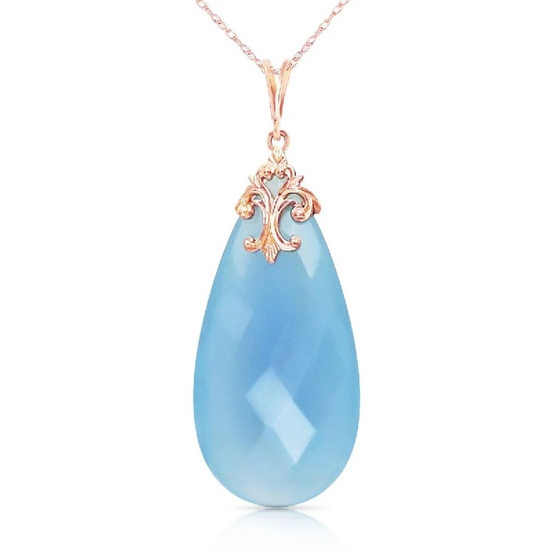 14K Solid Rose Gold Necklace w/ Briolette 31x16 mm Aqua Blue Chalcedony