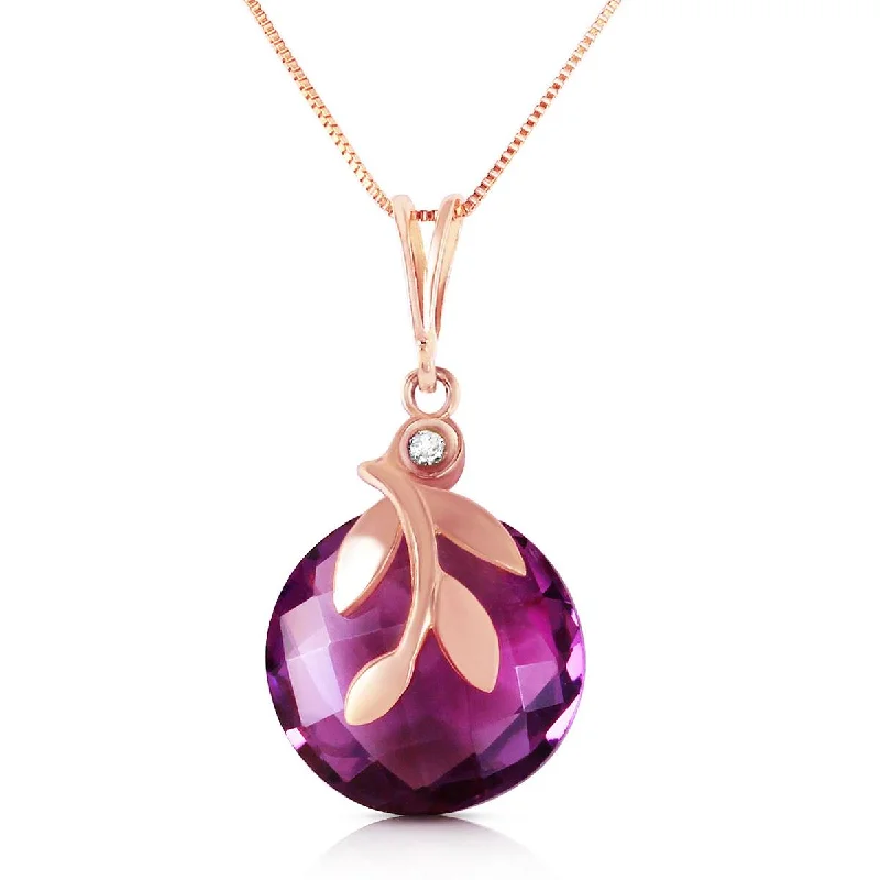 14K Solid Rose Gold Necklace w/ Checkerboard Cut Purple Amethyst & Diamond