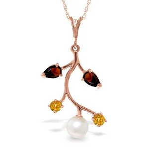 14K Solid Rose Gold Necklace w/ Garnets, Citrines & Pearl