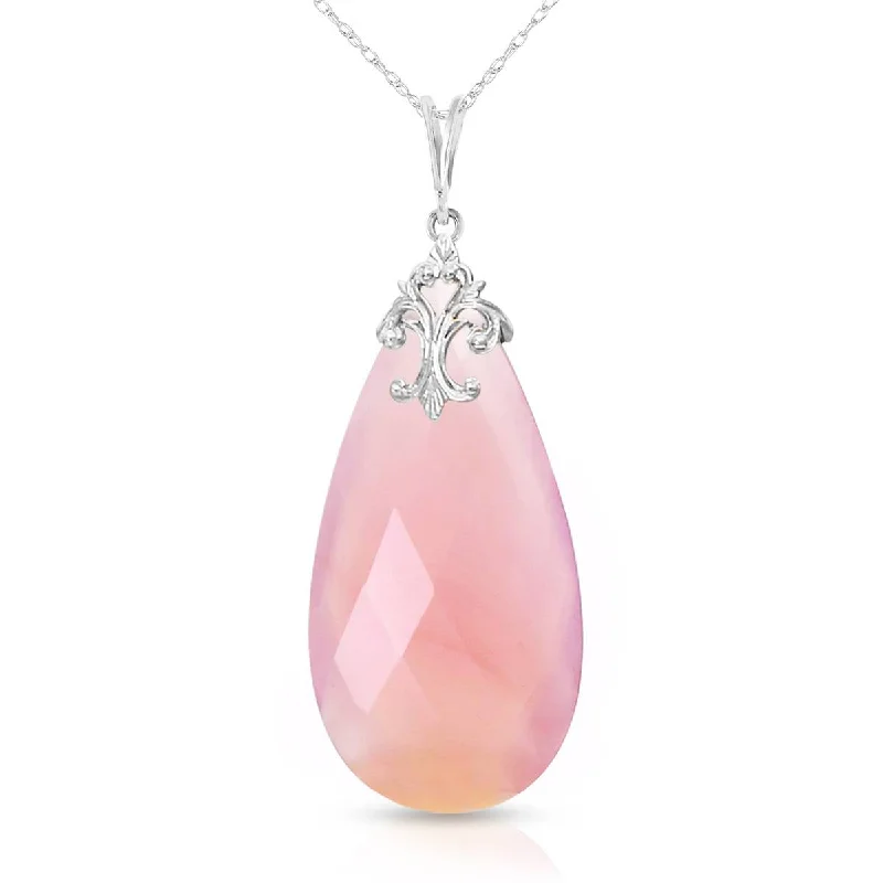 14K Solid White Gold Necklace w/ Briolette 31x16 mm Pink Chalcedony