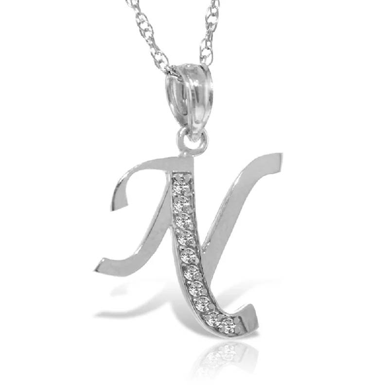 14K Solid White Gold Necklace w/ Natural Diamonds Initial 'n' Pendant